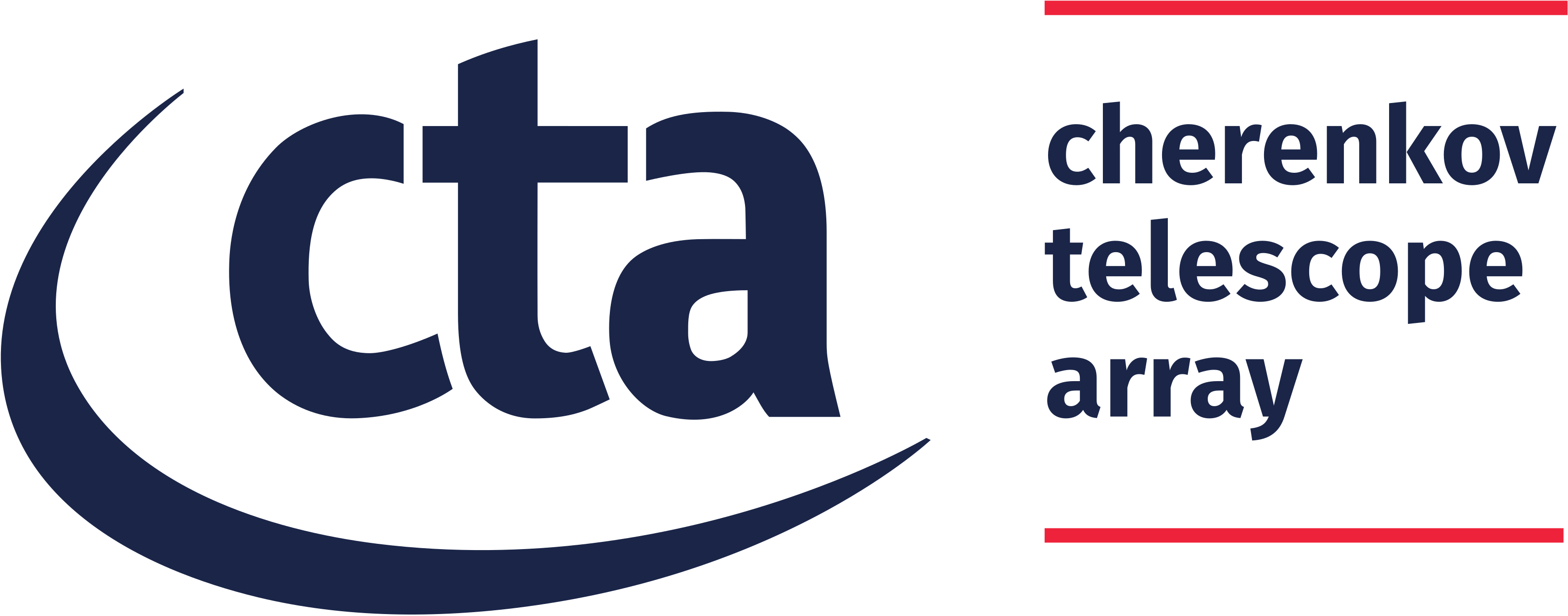 Logo con el nombre "CTA" y un trazo curvo debajo. Al lado, el texto "cherenkov telescope array" en azul oscuro que tiene arriba y abajo unas líneas rectas rojas